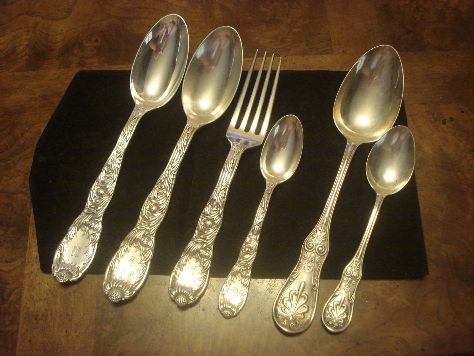 (6)Lot Antique Tiffany Chrysanthemum,Saratoga Sterling Serving Spoon,Fork,445.8g