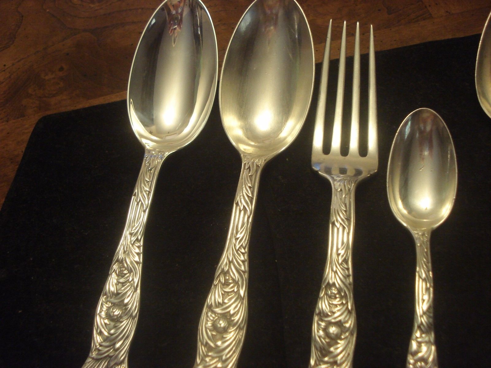 (6)Lot Antique Tiffany Chrysanthemum,Saratoga Sterling Serving Spoon,Fork,445.8g