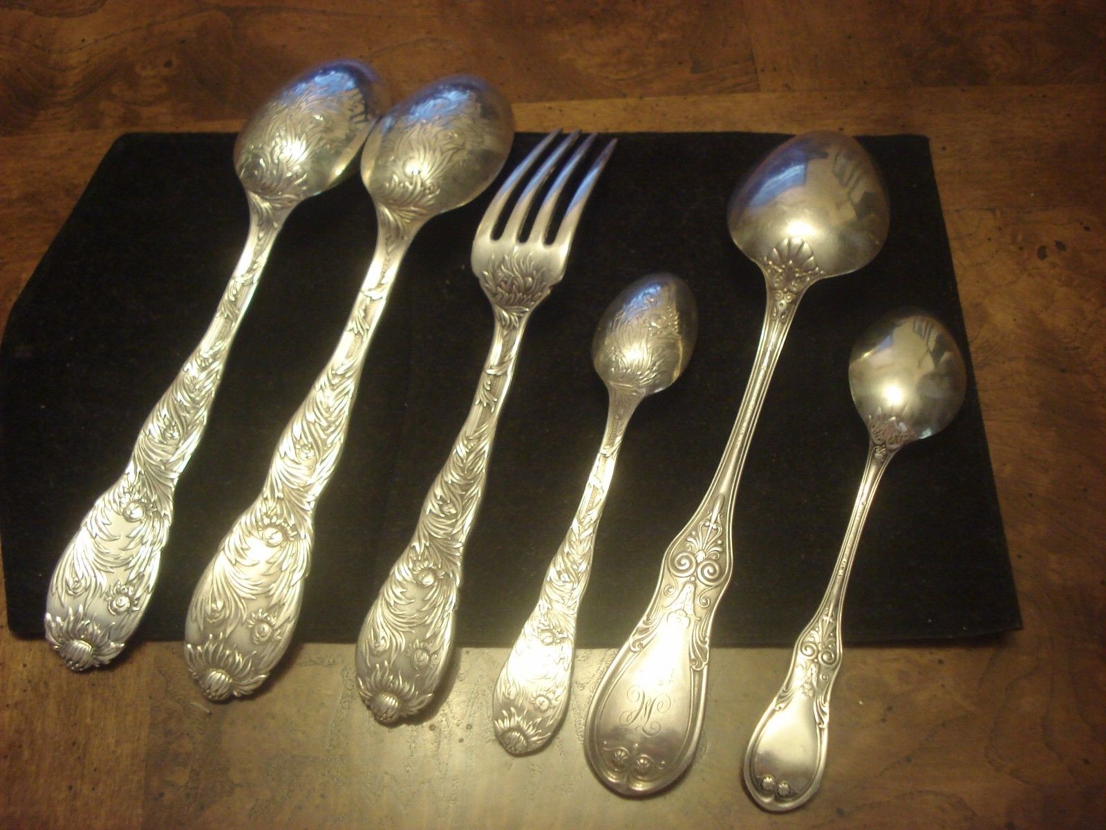 (6)Lot Antique Tiffany Chrysanthemum,Saratoga Sterling Serving Spoon,Fork,445.8g