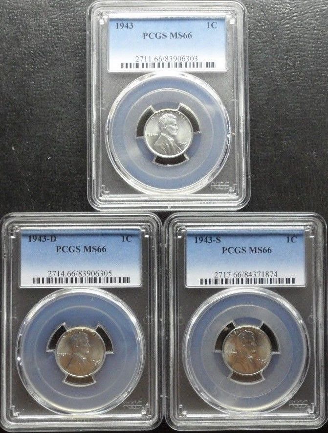 1943 P/D/S  LINCOLN CENT PCGS  MS66  3- COIN SET