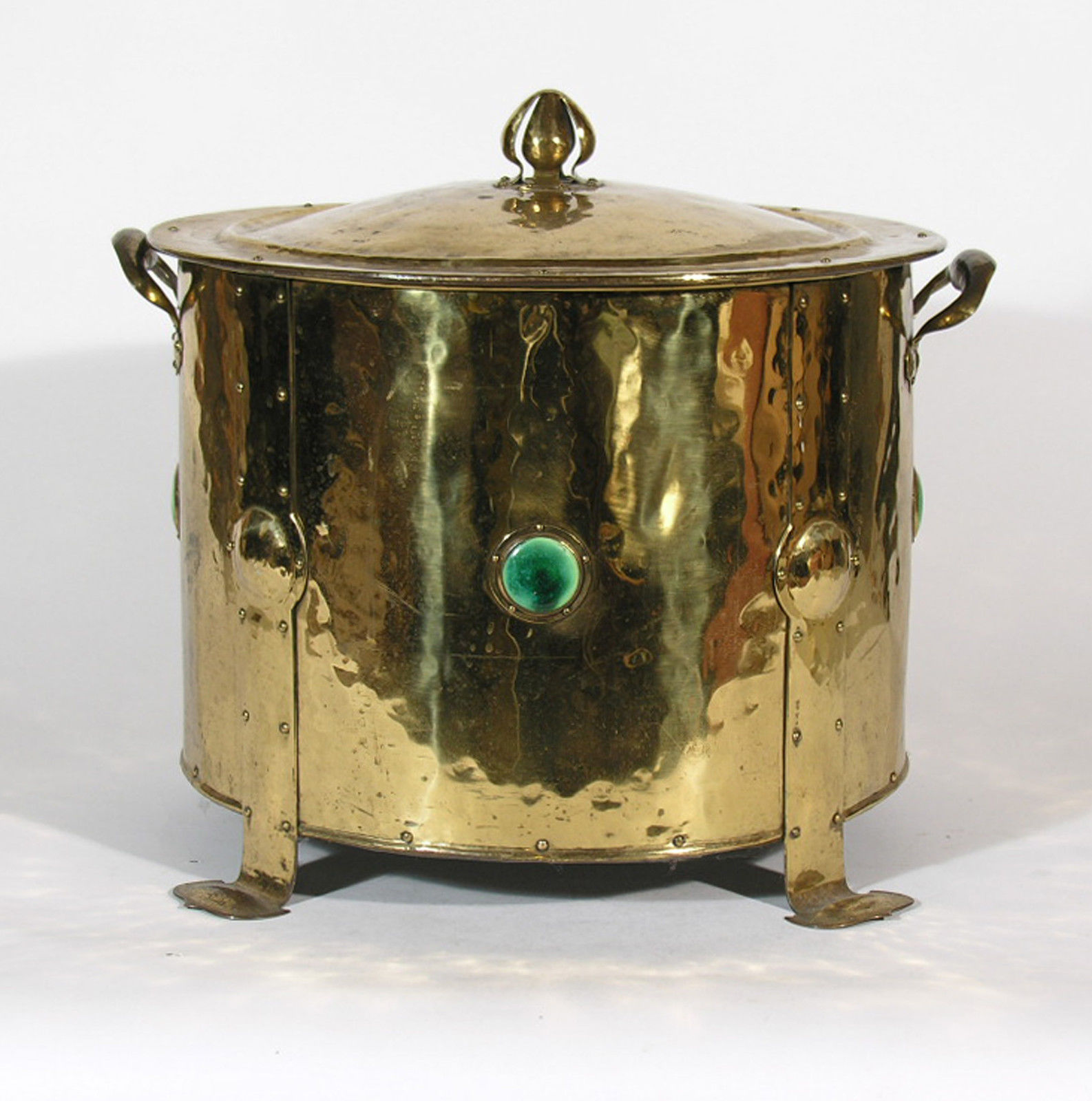 English Arts & Crafts Brass coal bin hod Ruskin Pottery enamel medallions, liner