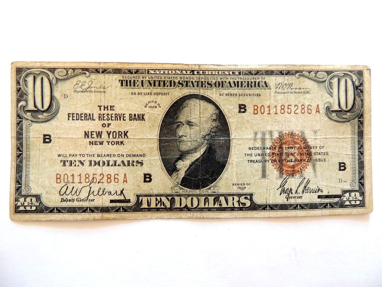 1929 Ten Dollar National Currency Federal Reserve Bank Of New York Note