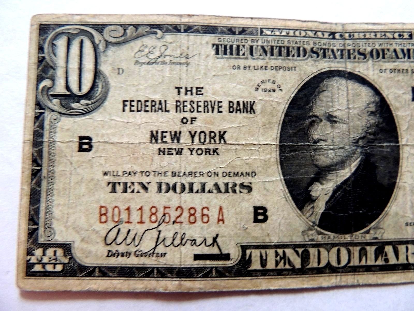 1929 Ten Dollar National Currency Federal Reserve Bank Of New York Note