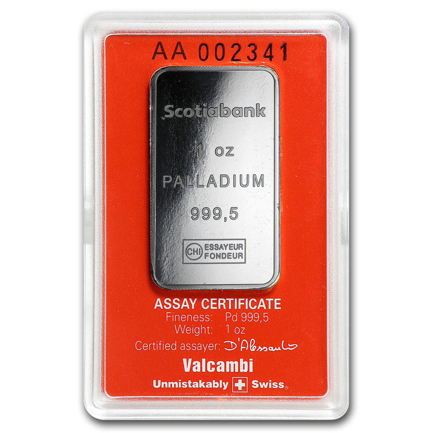 1 oz Palladium Bar - Scotiabank (In Assay) - SKU #92546