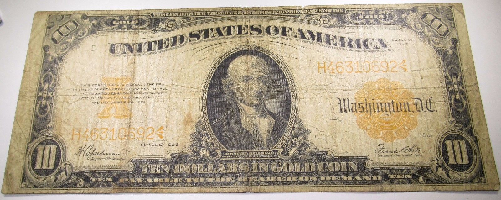 1922 US $10 Gold Certificate Bill Note Antique U.S. Dollar Currency USA Money