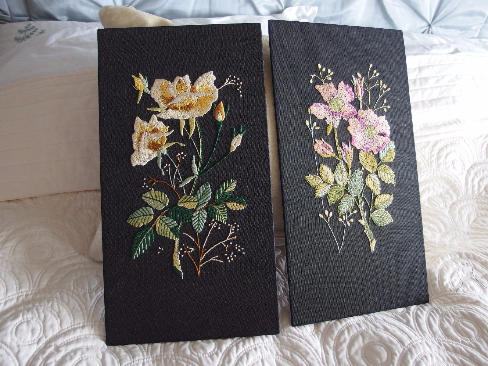 pair of  vintage hand worked embroidery picture