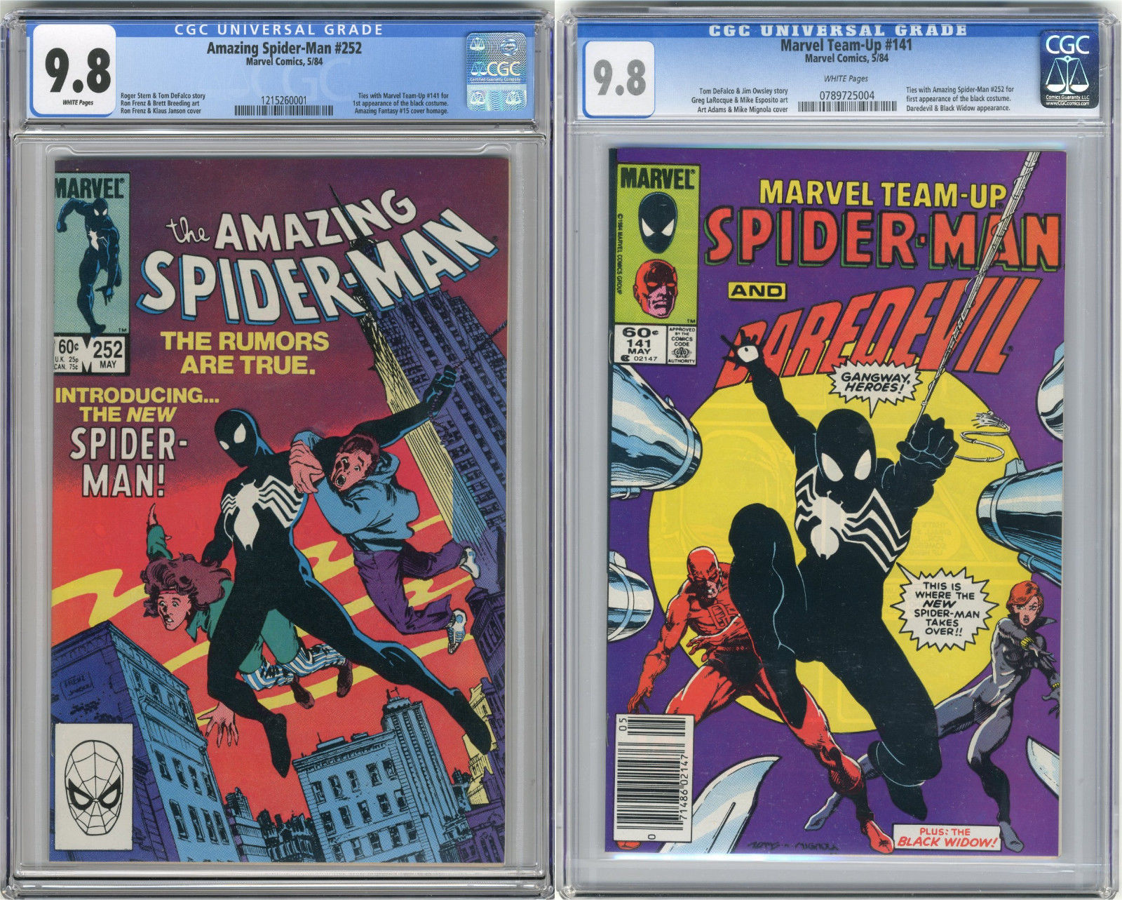 1984 Amazing Spider-Man 252 & Marvel Team-Up 141 CGC 9.8 1st Black Costume