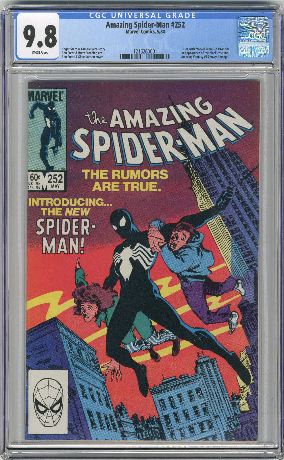 1984 Amazing Spider-Man 252 & Marvel Team-Up 141 CGC 9.8 1st Black Costume