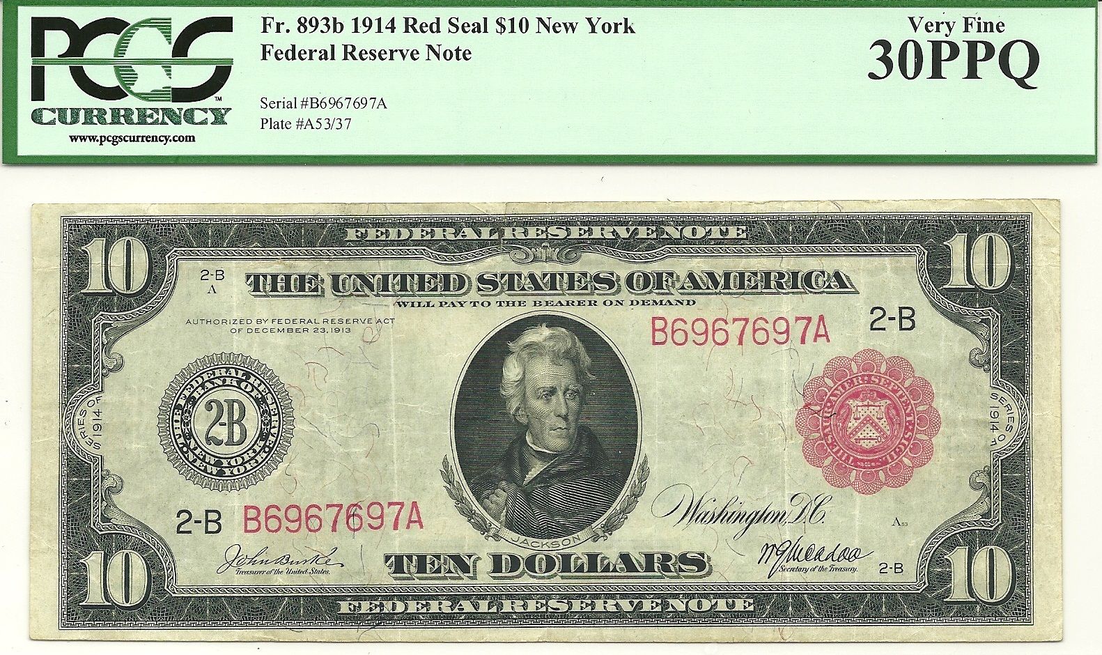 1914  $10 RED SEAL FEDERAL RESERVE NOTE - NEW YORK  SUPER PCGS VERY FINE 30 PPQ