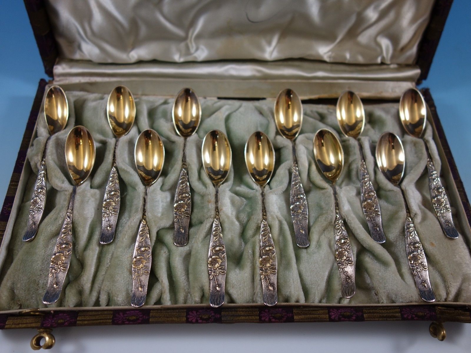 Vine by Tiffany & Co. Sterling Silver Demitasse Spoon Set In Box Gold Roses 12Pc