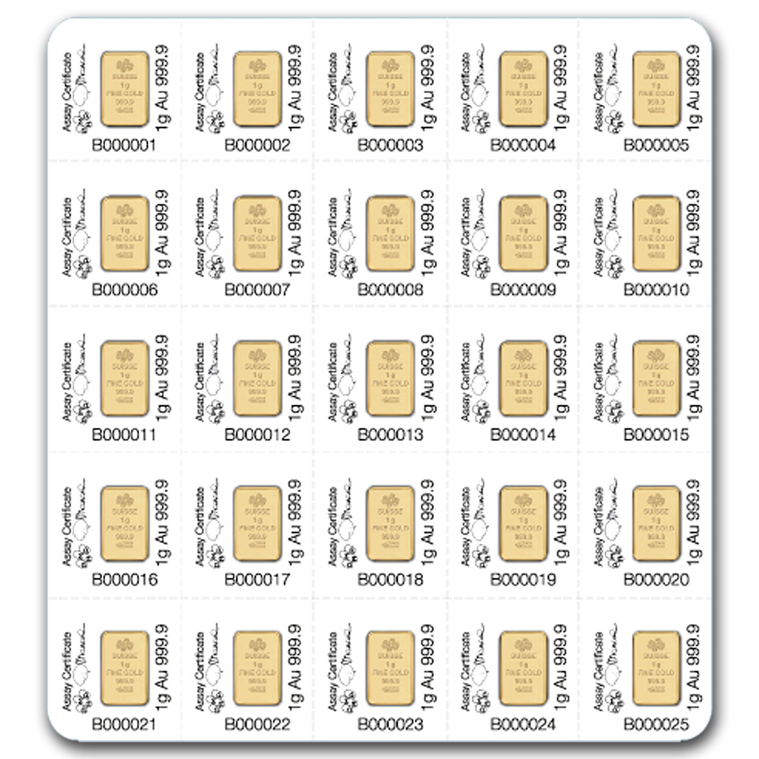 25x1 gram Gold Bar PAMP Suisse Multigram+25 (In Assay) - SKU #80382