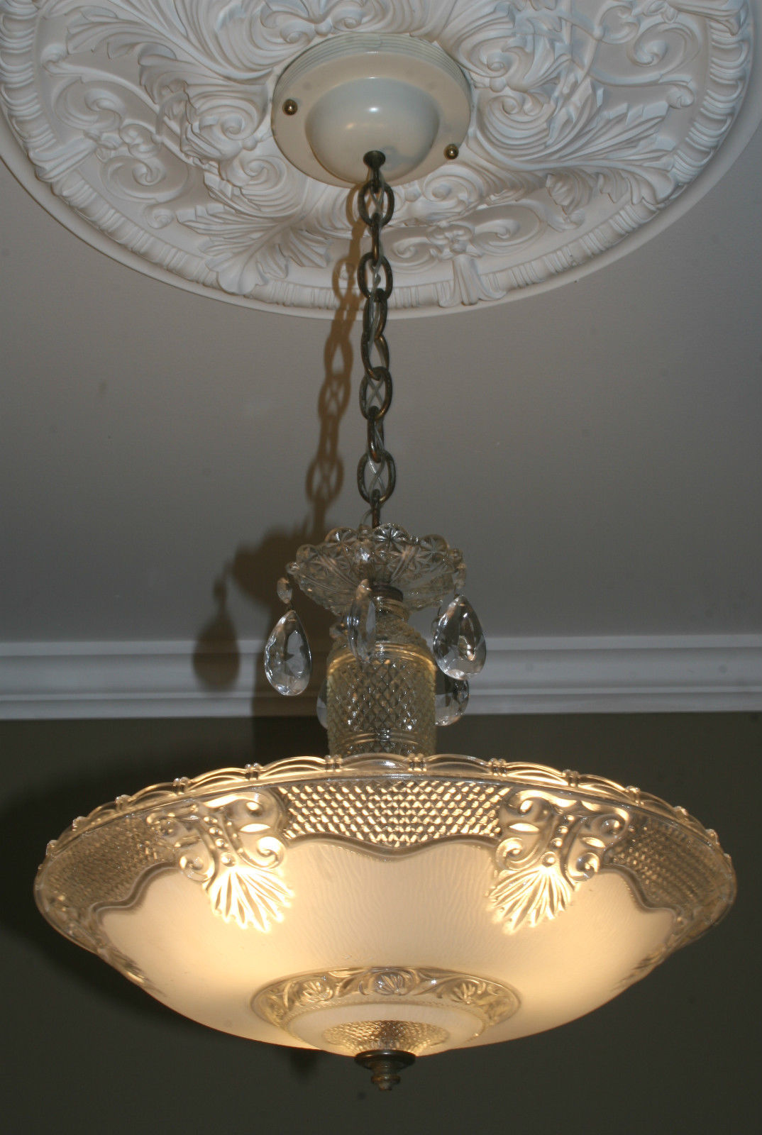 Antique vintage glass deco light fixture ceiling chandelier frosted