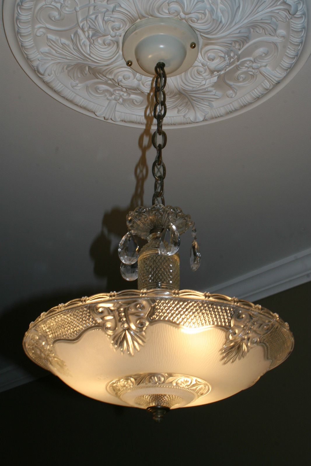 Antique vintage glass deco light fixture ceiling chandelier frosted