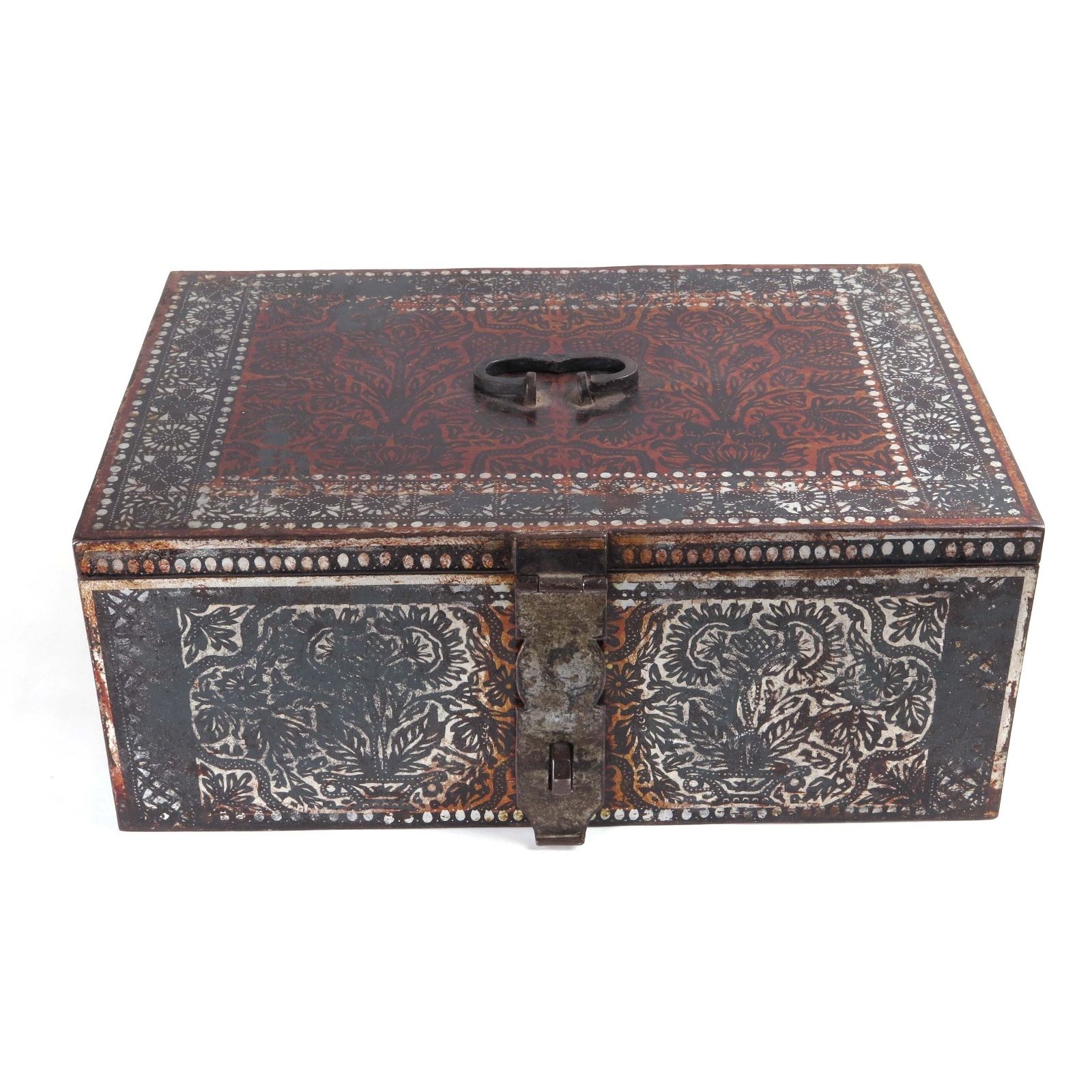 Russian strongbox antique vintage toleware metal stencil painted secret lock box