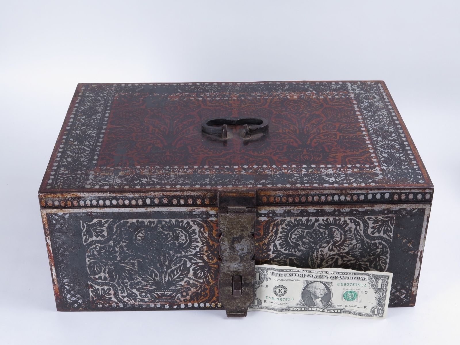 Russian strongbox antique vintage toleware metal stencil painted secret lock box