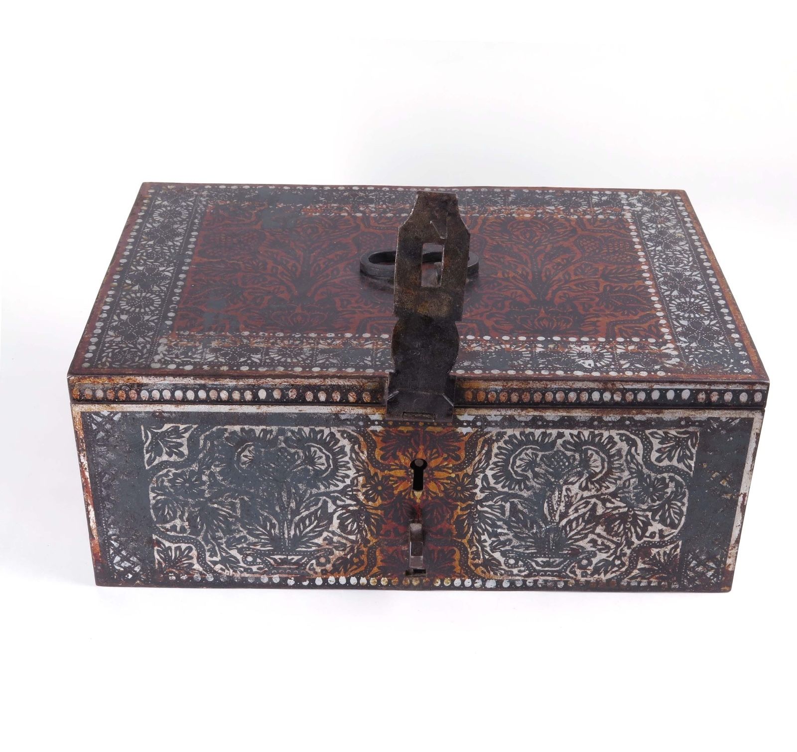 Russian strongbox antique vintage toleware metal stencil painted secret lock box