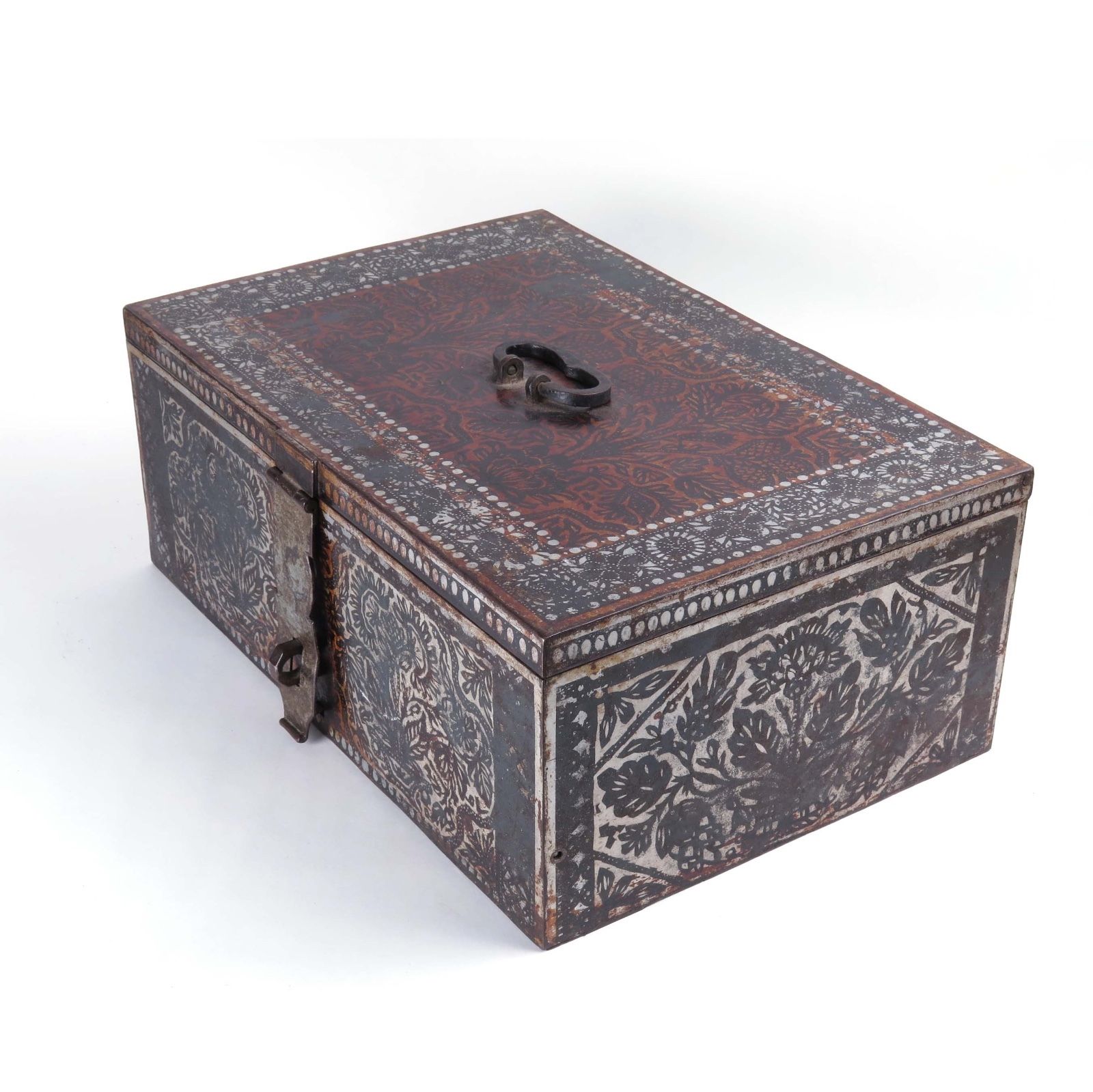 Russian strongbox antique vintage toleware metal stencil painted secret lock box