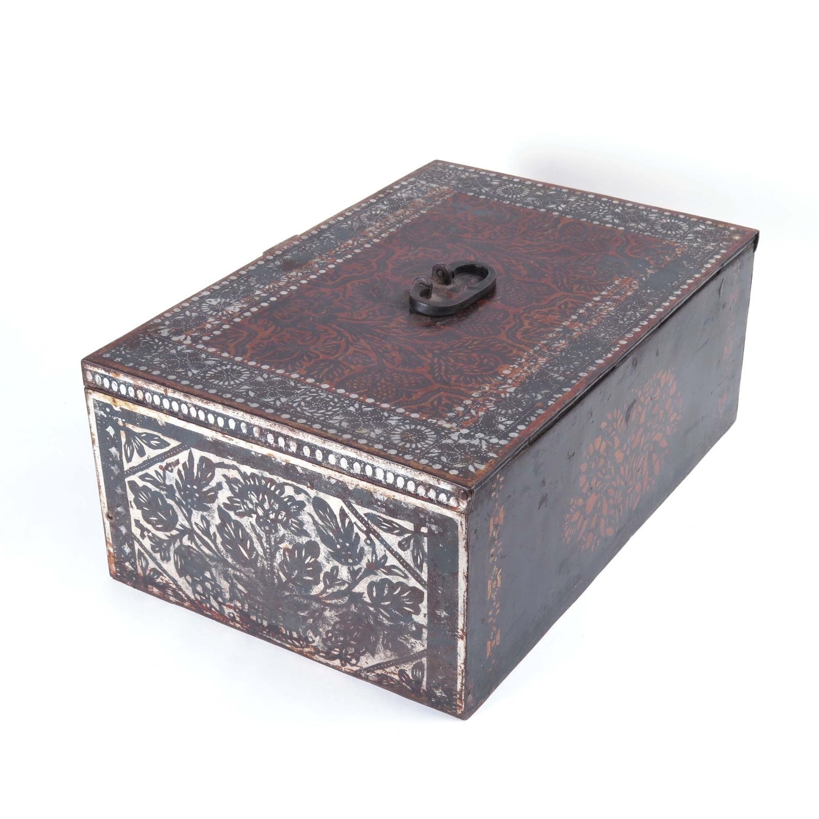 Russian strongbox antique vintage toleware metal stencil painted secret lock box