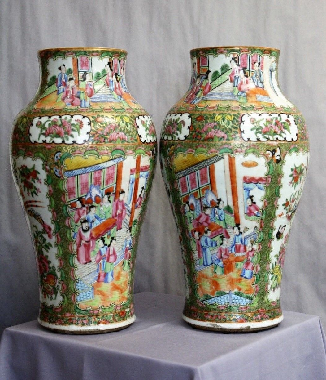 Pair of Large Antique Rose Medallion Mandarin Porcelain Vases 19th Century