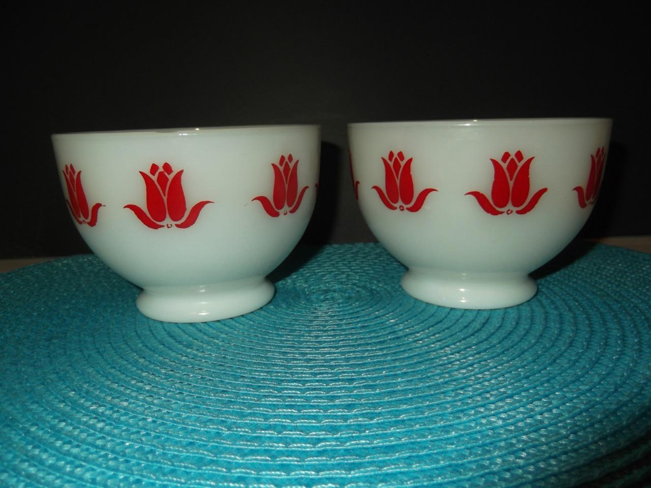 (2) Vintage Fire King Oven Ware Red Tulip Footed Cottage Cheese Bowls Milk Glass