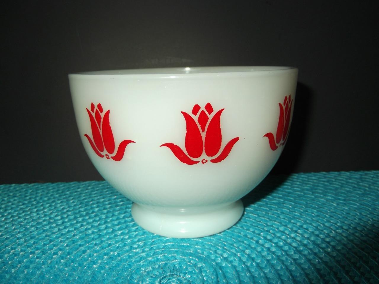 (2) Vintage Fire King Oven Ware Red Tulip Footed Cottage Cheese Bowls Milk Glass