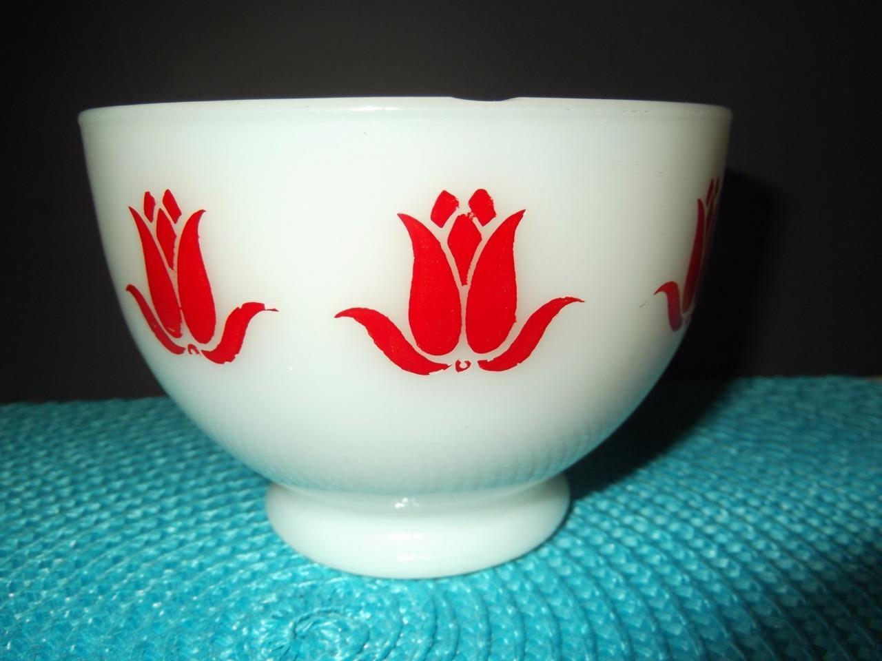 (2) Vintage Fire King Oven Ware Red Tulip Footed Cottage Cheese Bowls Milk Glass