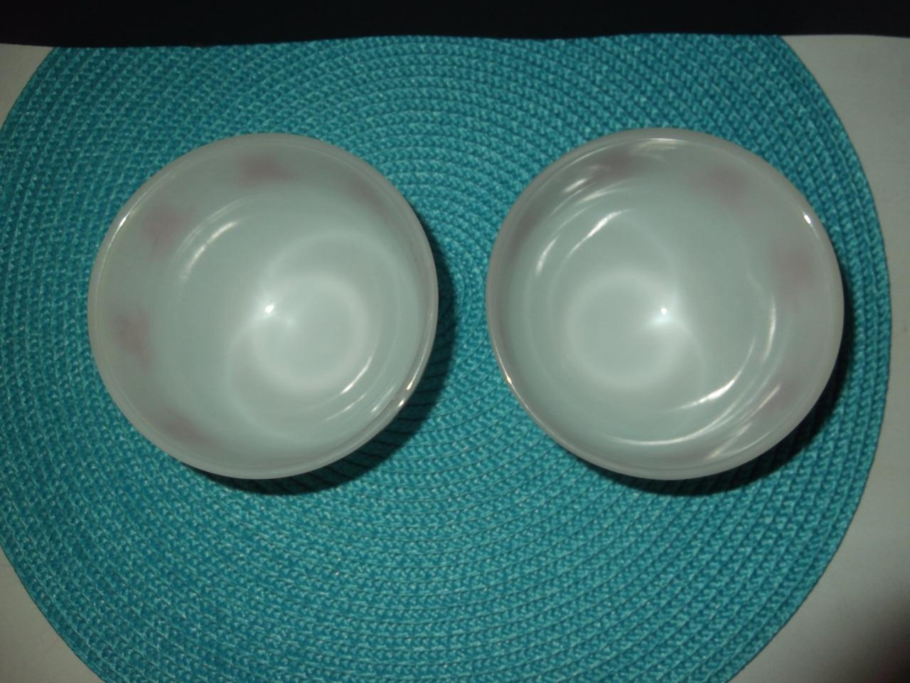 (2) Vintage Fire King Oven Ware Red Tulip Footed Cottage Cheese Bowls Milk Glass