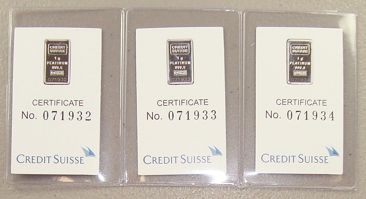 Lot of (3) Credit Suisse .9995 Fine 1 Gram Platinum Bullion Bars