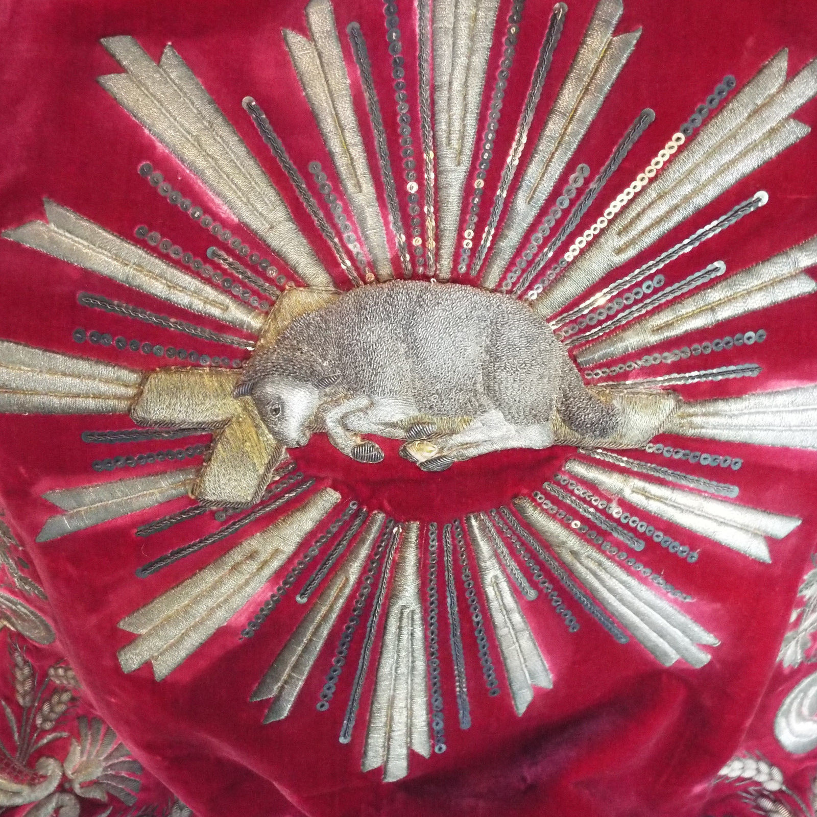 French Silver Gold Metallic Embroidered Silk Velvet Angus Dei Religious C18th