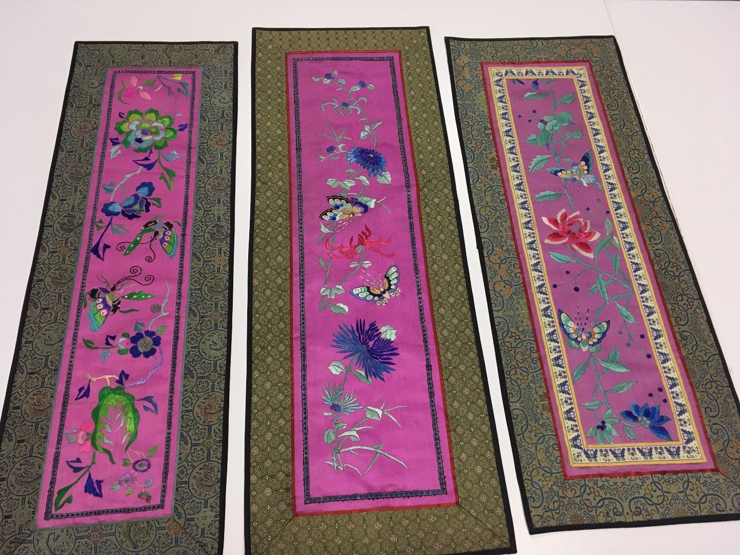 Oriental Antique Silk Tapestry Lot of 3 Bright Rich Pinks Greens Blue Floral EUC