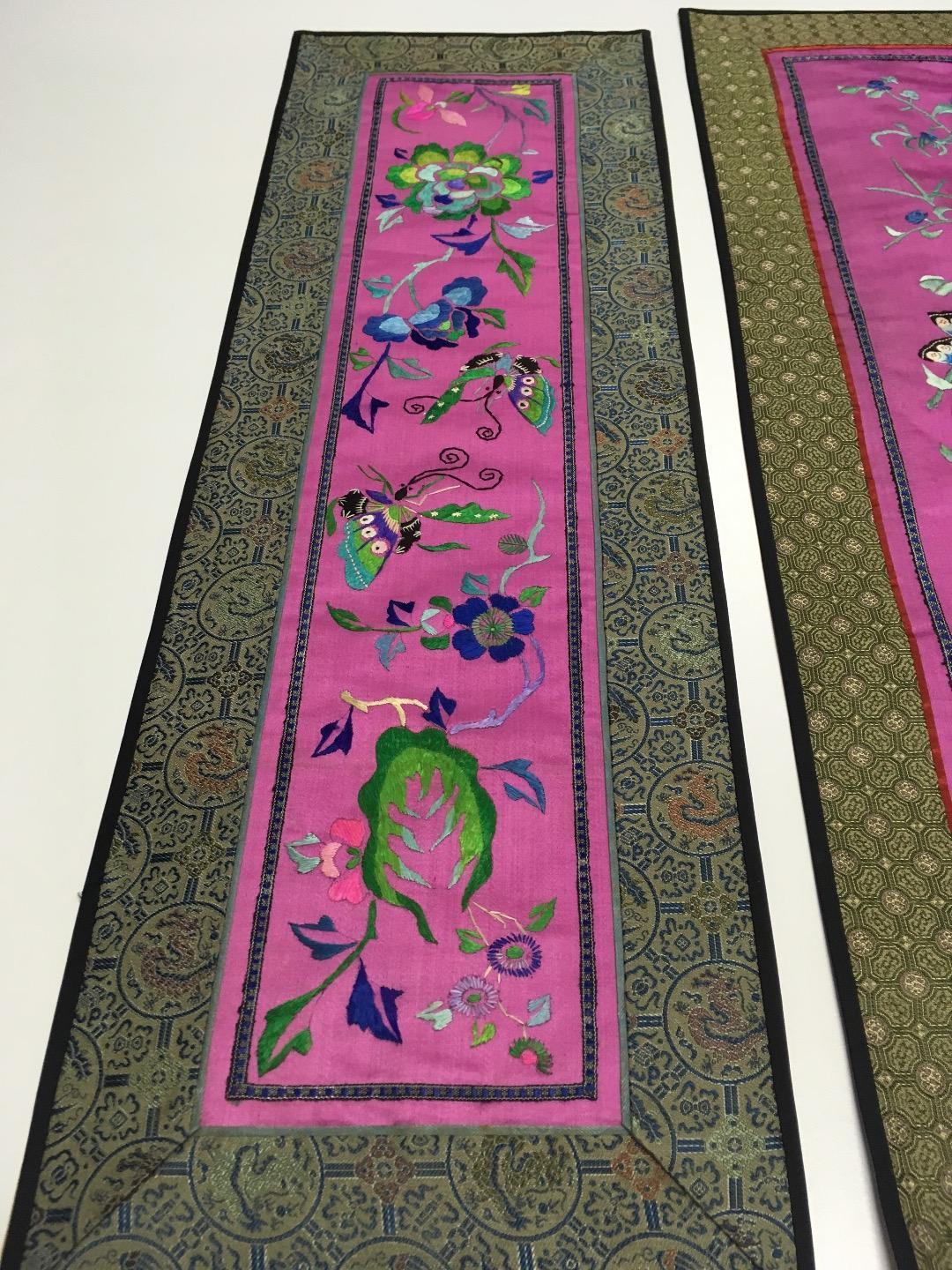 Oriental Antique Silk Tapestry Lot of 3 Bright Rich Pinks Greens Blue Floral EUC