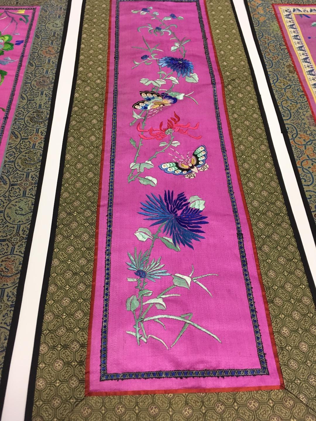 Oriental Antique Silk Tapestry Lot of 3 Bright Rich Pinks Greens Blue Floral EUC