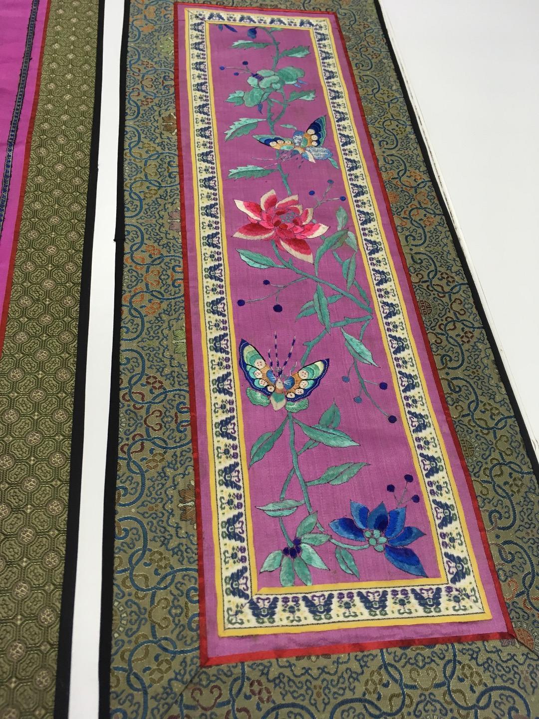 Oriental Antique Silk Tapestry Lot of 3 Bright Rich Pinks Greens Blue Floral EUC