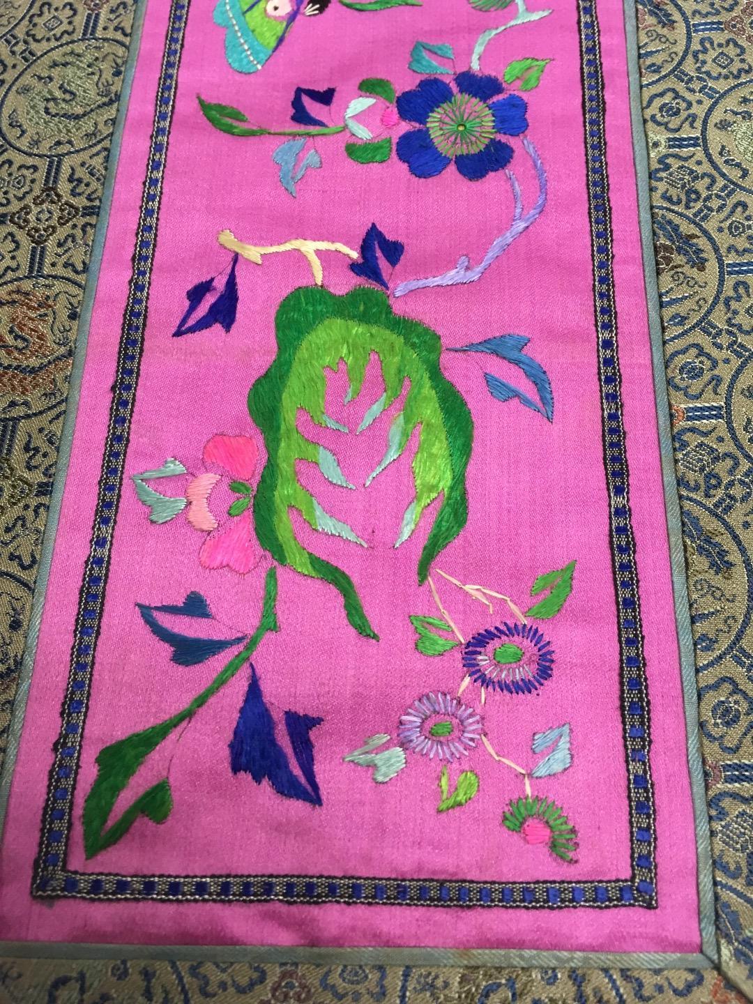 Oriental Antique Silk Tapestry Lot of 3 Bright Rich Pinks Greens Blue Floral EUC