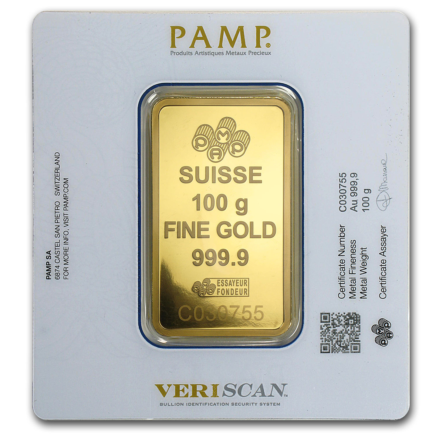 100 gram Gold Bar - PAMP Suisse Lady Fortuna Veriscan® (In Assay) - SKU #88805