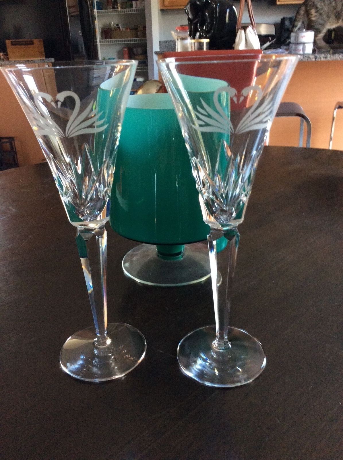 Set of 2 Gorgeous Waterford Toasting Flutes-Champagne Glasses with Etched Swans