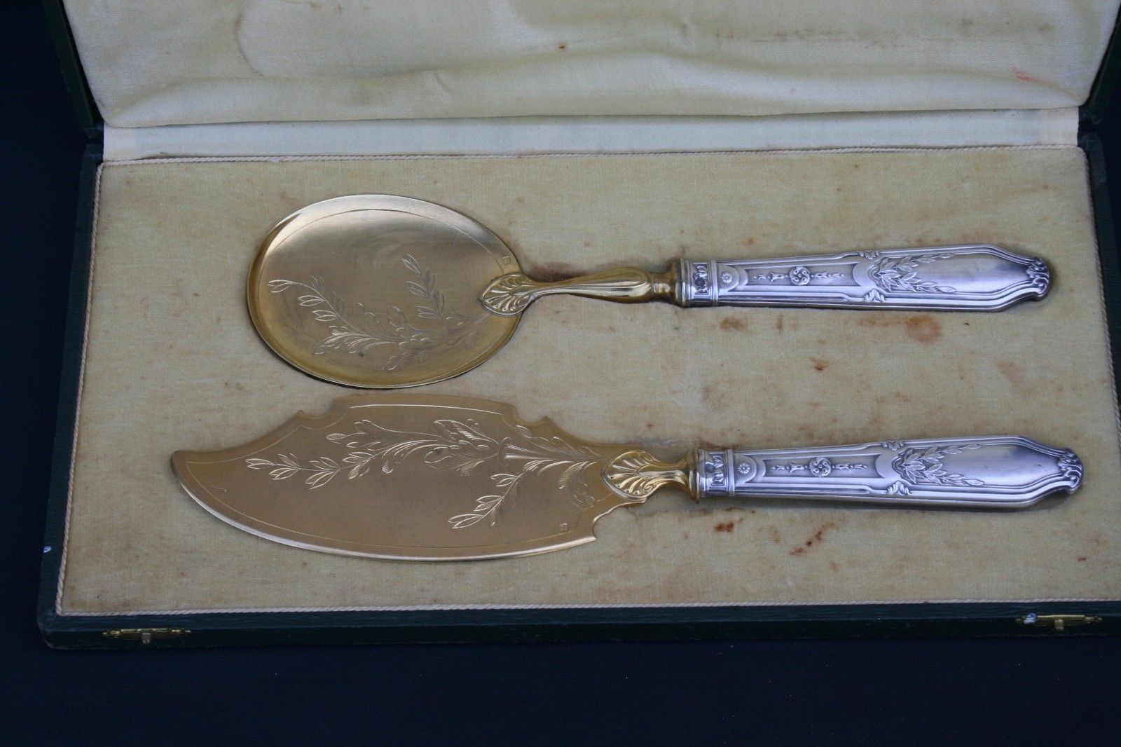 ANTIQUE FRENCH ICE CREAM / CAKE SERVING SET 2 PCS IN BOX STERLING SILVER HANDLES
