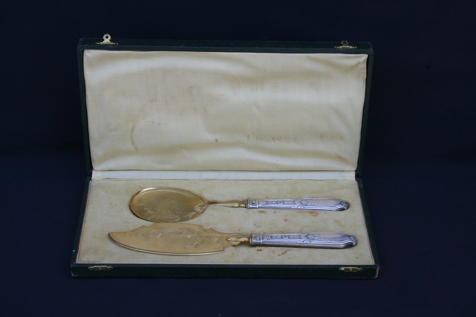 ANTIQUE FRENCH ICE CREAM / CAKE SERVING SET 2 PCS IN BOX STERLING SILVER HANDLES