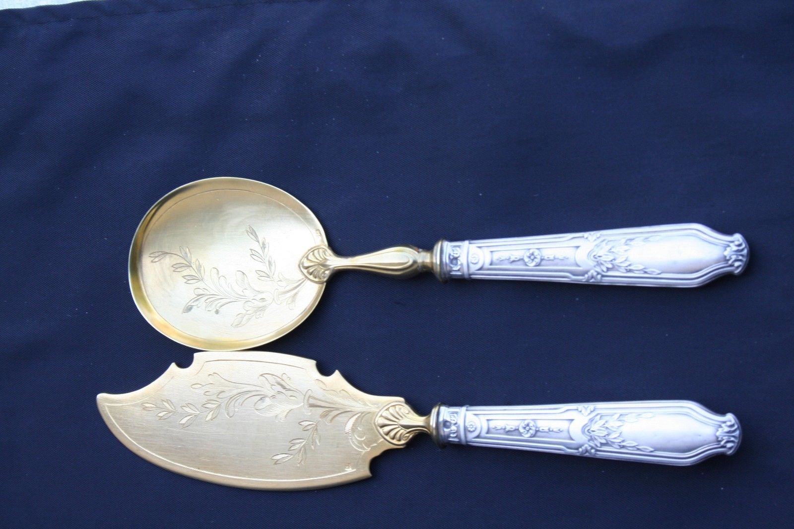 ANTIQUE FRENCH ICE CREAM / CAKE SERVING SET 2 PCS IN BOX STERLING SILVER HANDLES