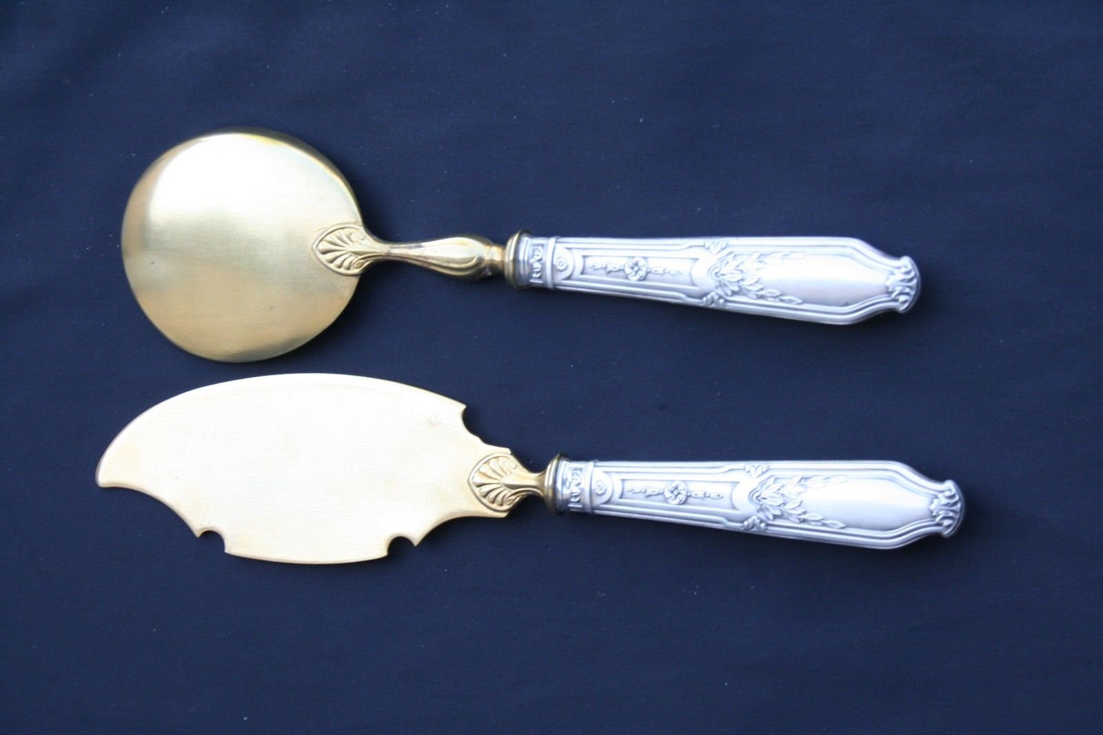 ANTIQUE FRENCH ICE CREAM / CAKE SERVING SET 2 PCS IN BOX STERLING SILVER HANDLES