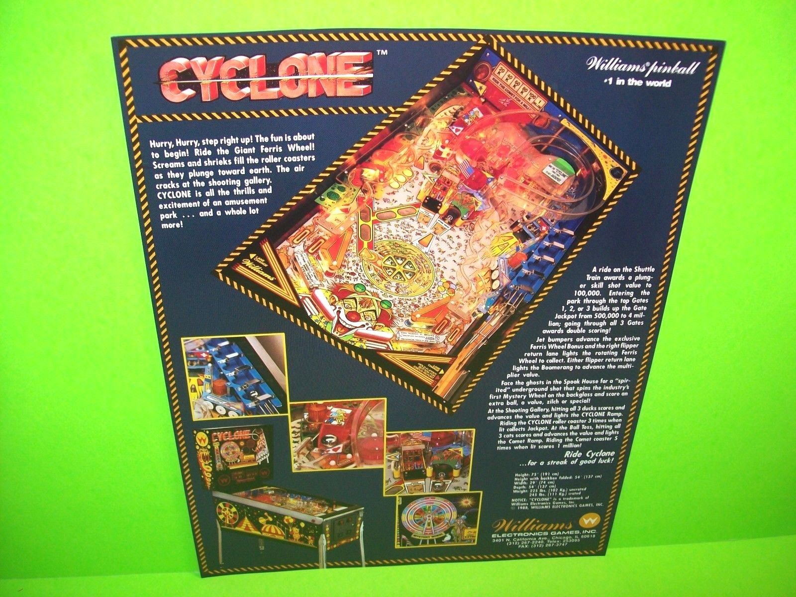 Williams CYCLONE 1988 Original NOS Flipper Game Pinball Machine Promo Sale Flyer