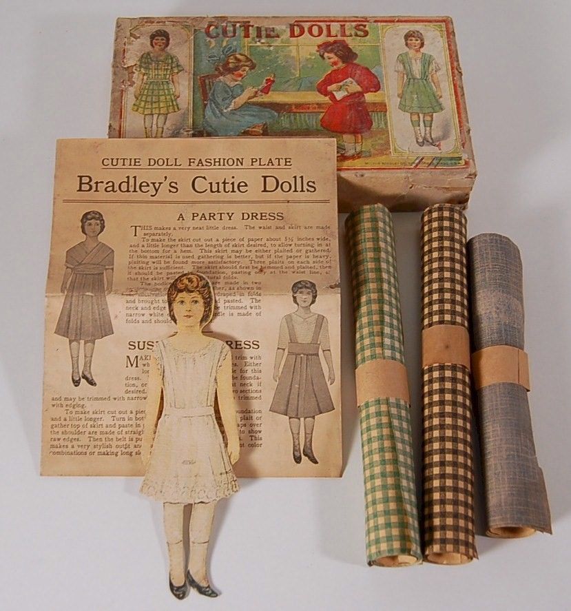 1800s Milton Bradley's PAPER CUTIE DOLLS in box with dress patterns & "Cloth"