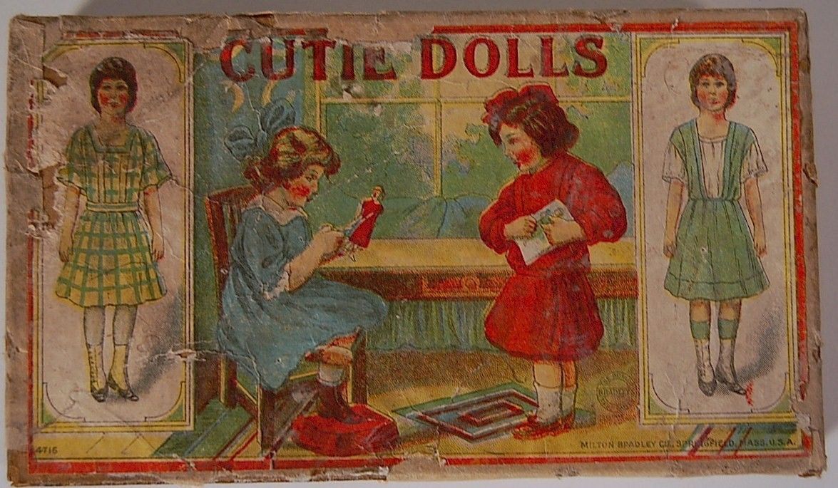 1800s Milton Bradley's PAPER CUTIE DOLLS in box with dress patterns & "Cloth"