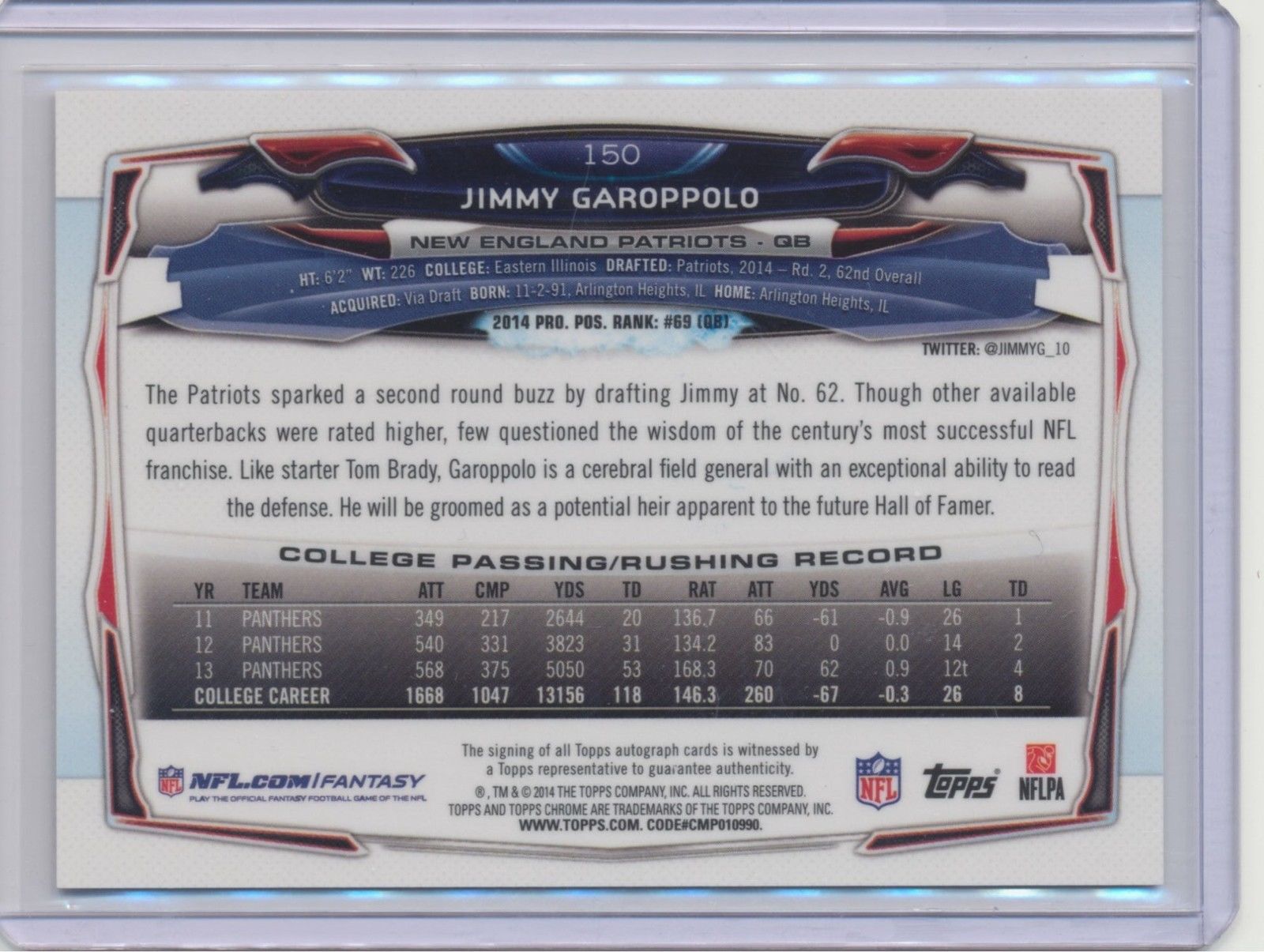 2014 Topps Chrome JIMMY GAROPPOLO Autograph Auto Rookie RC PATRIOTS