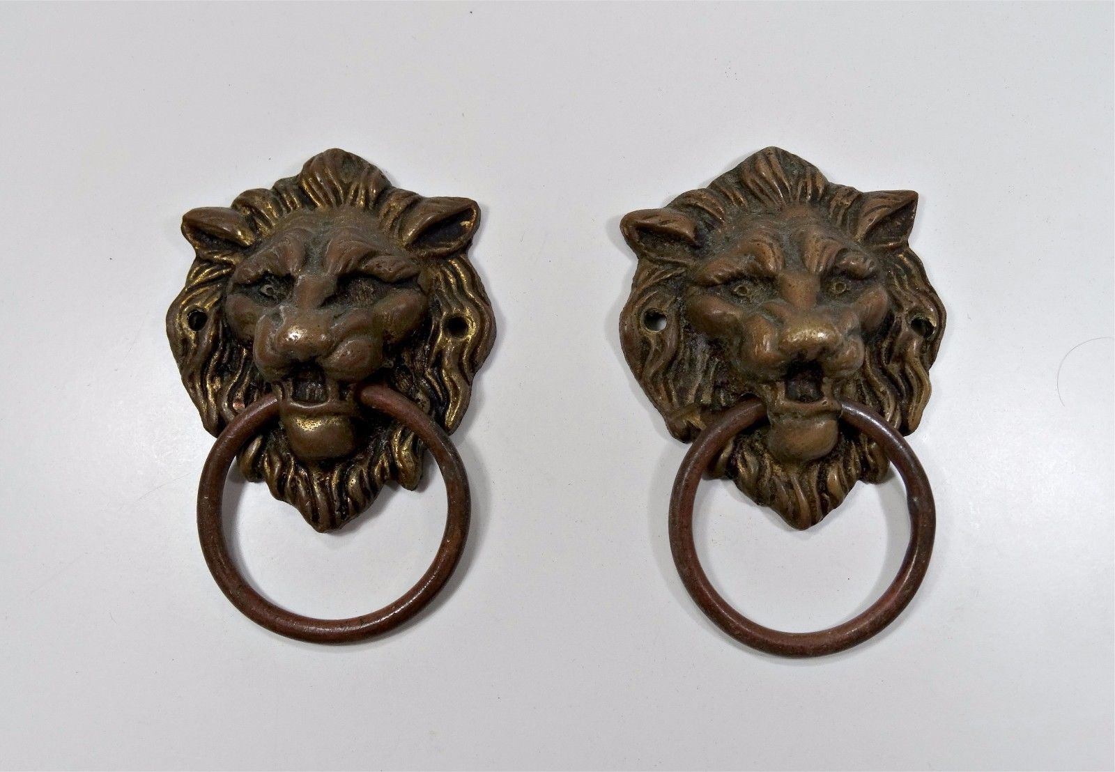 Antique Furniture Cabinet Drawer 2 Handles Pulls Lion Head Rings European Brass