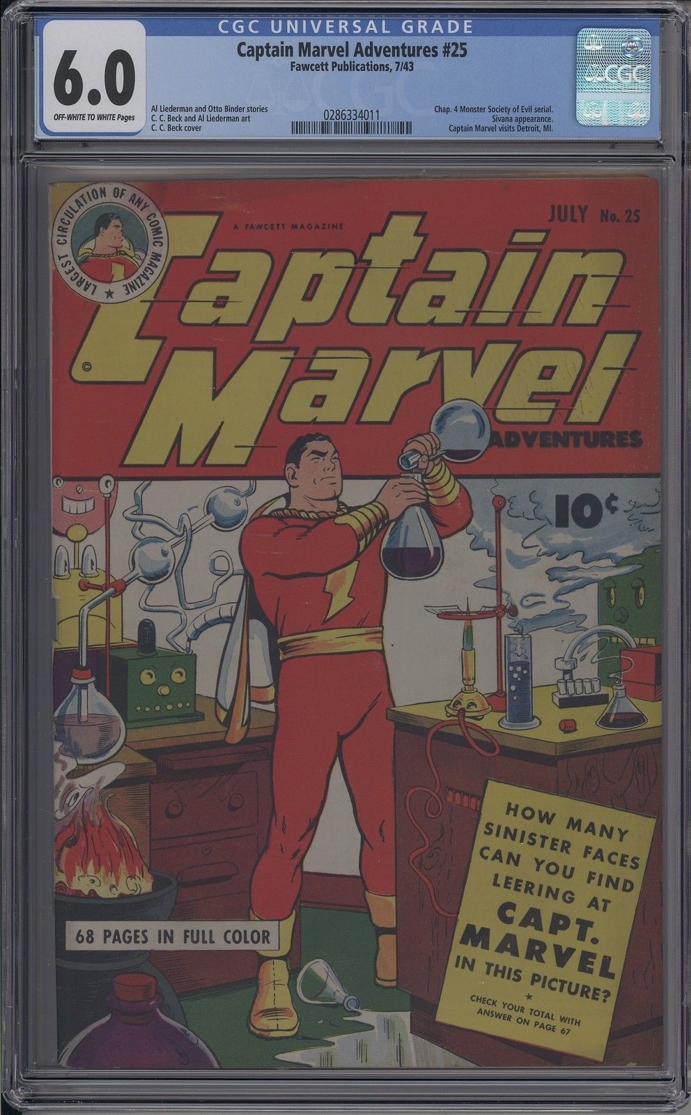 Captain Marvel Adventures # 25 July 1943 Classic Cover Society of Evil CGC 6.0