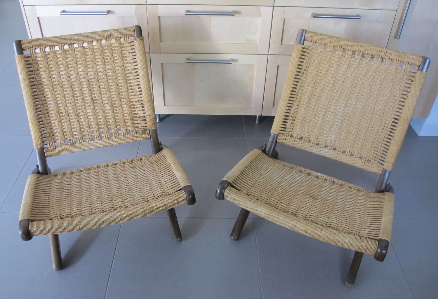 Mid Century Danish Hans Wegner Style Folding Rope Chairs x 2 Retro Pair