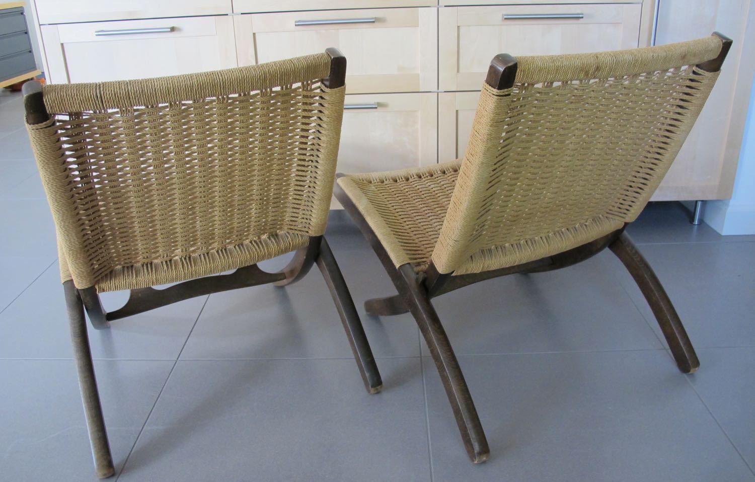 Mid Century Danish Hans Wegner Style Folding Rope Chairs x 2 Retro Pair