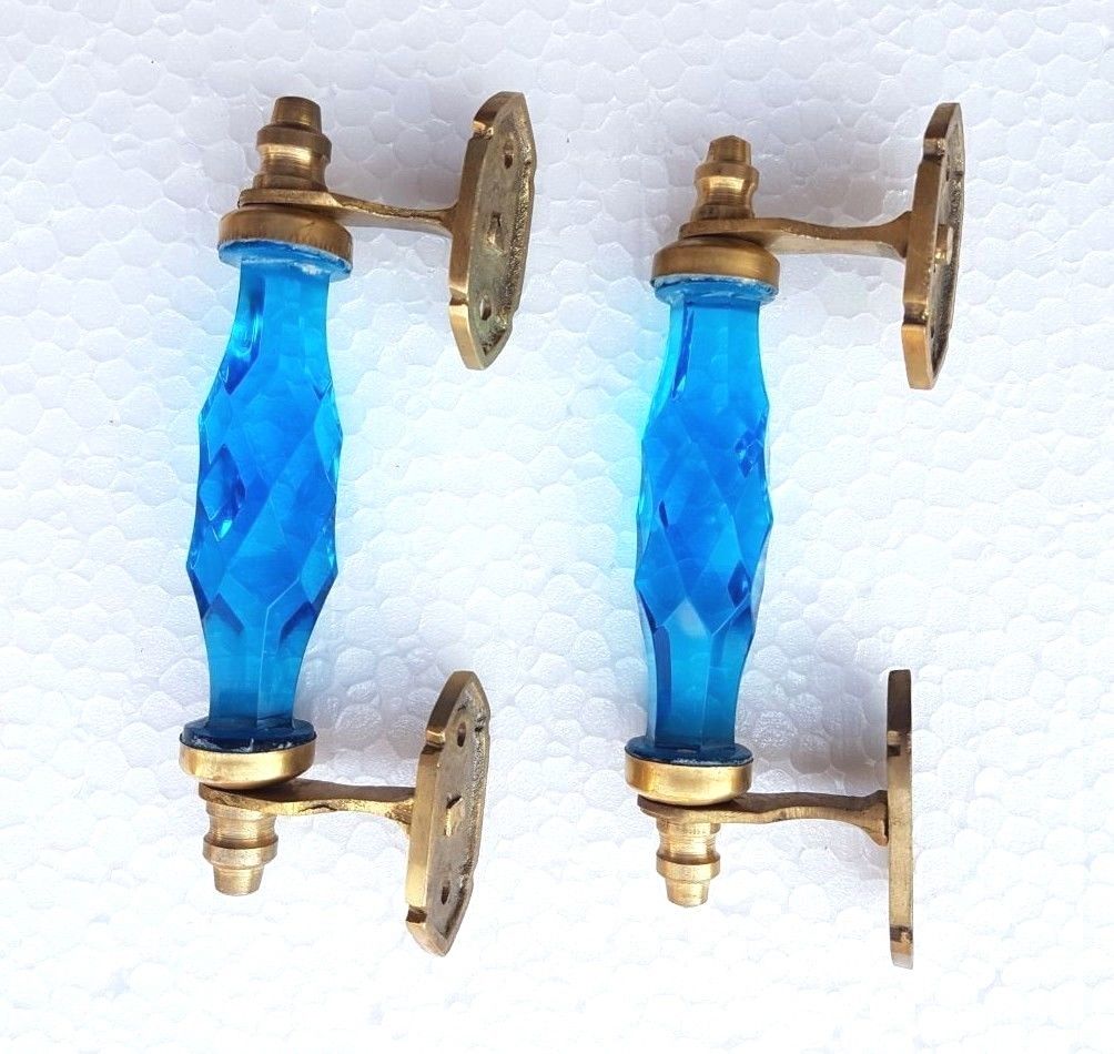 2 Pc Vintage Antique Style Blue Crystal/ Cut Glass Brass Door Handle Collectible