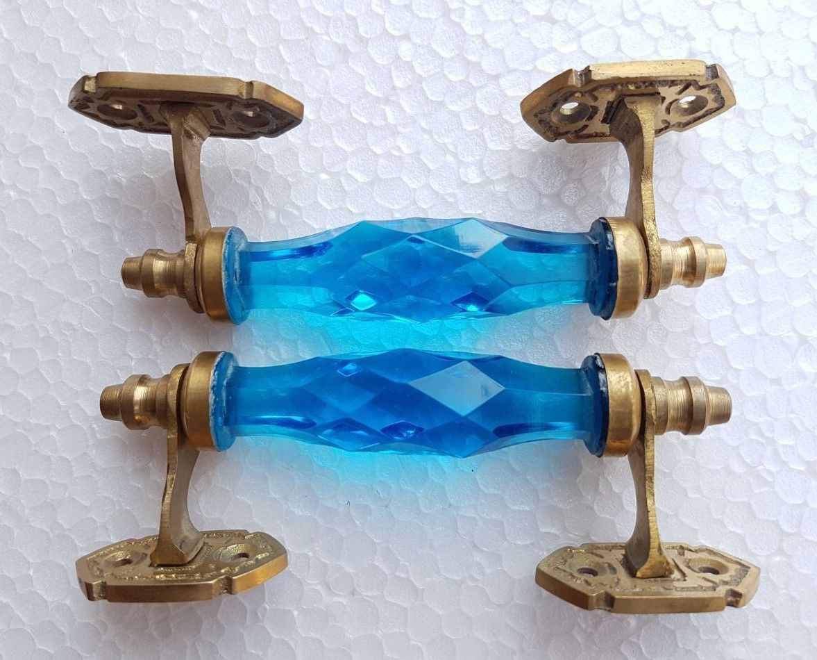 2 Pc Vintage Antique Style Blue Crystal/ Cut Glass Brass Door Handle Collectible